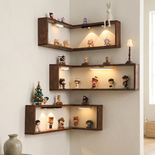 Schwebendes Eck-Wandregal aus Holz