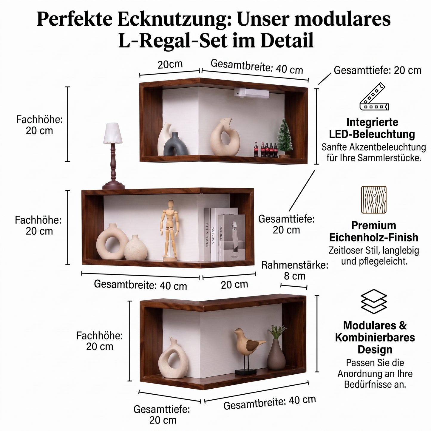 Schwebendes Eck-Wandregal aus Holz